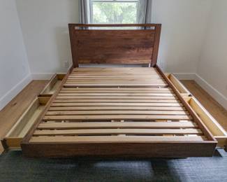 Solid queen walnut platform bed, with four drawers of storage underneath