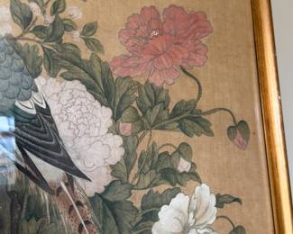 Asian watercolor of Pheasant and birds 51"h 