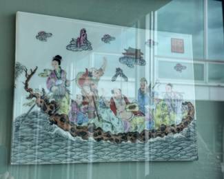 Chinese painted porcelain plaque depicting 8 Immortals 18" x 21" framed 