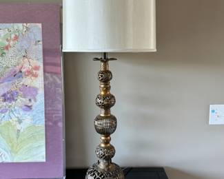 Pr. vintage Chinese-style brass filigree  lamps  38.5" to finial