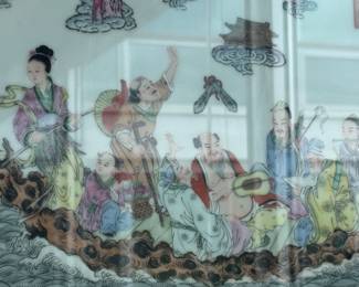 Chinese painted porcelain plaque depicting 8 Immortals 18" x 21" framed