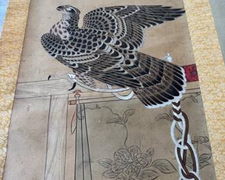 Set of three antique Japanese scrolls depicting hawks 