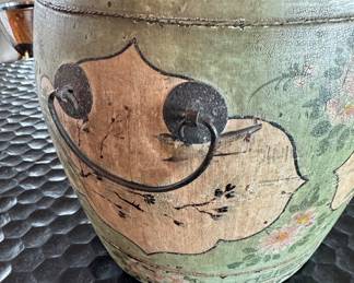 Painted Chinese wood barrel box 12.5"h x 12" diameter hinge is broken