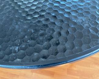 Hammered bronze dining table with chunky burlwood pedestal  30"h x 50" diameter