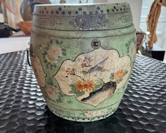 Painted Chinese wood barrel box 12.5"h x 12" diameter hinge is broken