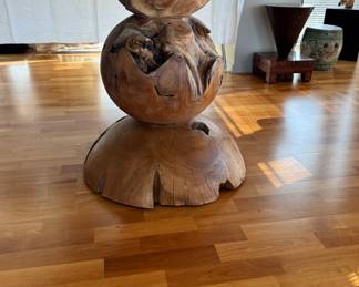 Hammered bronze dining table with chunky burlwood pedestal  30"h x 50" diameter