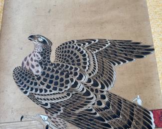 Set of three antique Japanese scrolls depicting hawks 