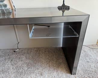 Oly Studio "Giles" hand cut resin veneer console  table with acrylic shelf    30"h x 72"w x 24"d