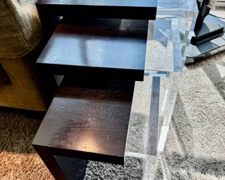 Ted Boerner custom walnut & acrylic nesting tables                largest 22.5"h x 21"w x 13.5"d
