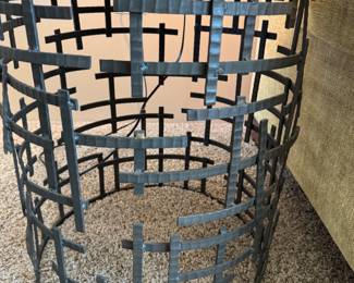 Hammered copper and iron side table                             25.5"h x 23" diameter