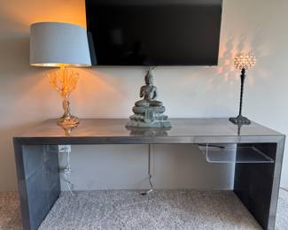 Oly Studio "Giles" hand cut resin veneer console  table with acrylic shelf    30"h x 72"w x 24"d