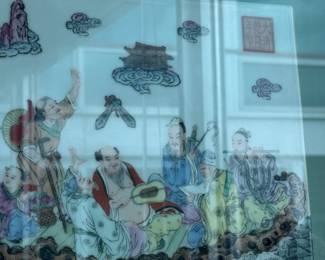 Chinese painted porcelain plaque depicting 8 Immortals 18" x 21" framed