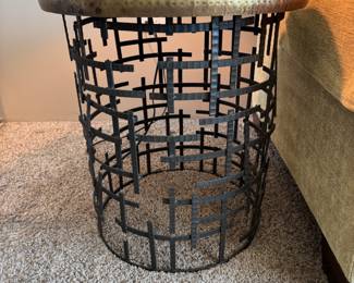 Hammered copper and iron side table                             25.5"h x 23" diameter