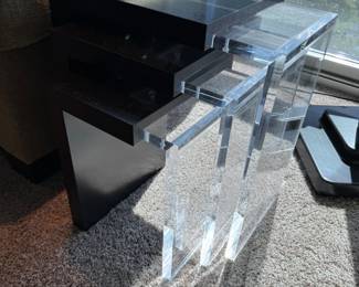 Ted Boerner custom walnut & acrylic nesting tables                largest 22.5"h x 21"w x 13.5"d