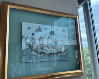 Chinese painted porcelain plaque depicting 8 Immortals 18" x 21" framed