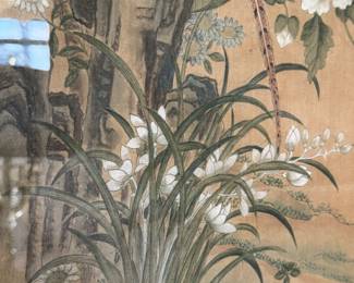 Asian watercolor of Pheasant and birds 51"h 