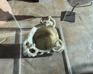 *Auction Item* contact us for bidding info. . Ming Dynasty jade cup with three handles in the form of chimeras  2”h x 5” diameter