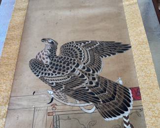 Set of three antique Japanese scrolls depicting hawks 