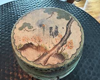 Painted Chinese wood barrel box 12.5"h x 12" diameter hinge is broken
