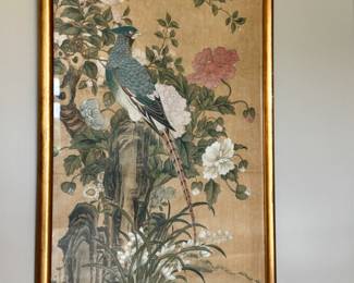 Asian watercolor of Pheasant and birds 51"h 