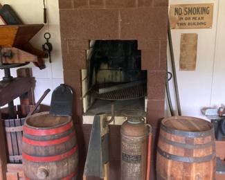 Wine barrels, Buffalo fire extinguisher and lantern