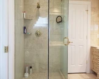 Glass shower enclosure; shower hardware
