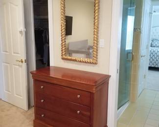 King bedroom suite by Stanley Furniture: dresser. Gold framed mirror