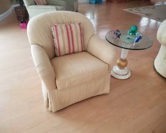 Swivel chair by Century Furniture - two available; glass top accent table