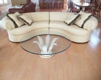 Sensational curved couch by Century Furniture; glass top coffee table matches floor lamp