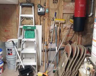Folding chairs; step ladders & garage goodies; central vacuum cleaner