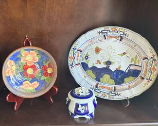 Stunning Royal Doulton "Wild Rose" Hand Painted Ceramic Fruit Bowl Shown with a Vintage Carnation "Faenza Garafano" Italian 16" Platter and Stunning Navy Blue and White Porcelain Trinket Bowl.