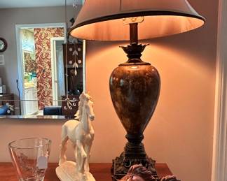 Lovely Collective Design Table Lamp (2 Available) in Trieste Marble and Taupe Shade, 32"H. Shown with a Vintage Signed A. Santini Alabaster Resin Horse Sculpture