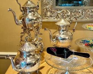 Britannia Sheridan Silver On Copper Tea & Coffee Set with Tipping Teapot Tea Kettle Stand and Beautiful Vintage Duchin Creation Sterling Silver Weighted Base with Cut Glass Top and Mikasa Tango Knife.