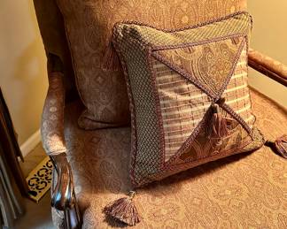 Wonderful Key City Furniture Co (North Carolina) with Original Manufacturer’s Tags, in a Paisley Pattern in Brown/Rust Colors, 32"D x 35"W x 42"H And Shown with Fabulous Custom Down Throw Pillow.