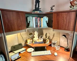 The Middle Piece (in this Setup) of the O'Sullivan Desk Furniture Measures: 45.5" L on Both Sides, Max Depth is 45" x 66" H, The Desk Features a Pullout Computer Shelf and Two Pin Boards.  Floor to Desktop is 29.5"H.