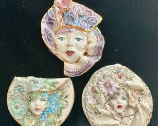 Incredible Vintage Adagio Porcelain & Rhinestone Signed Brooches Shown with a Cintage Ceramic Pin.