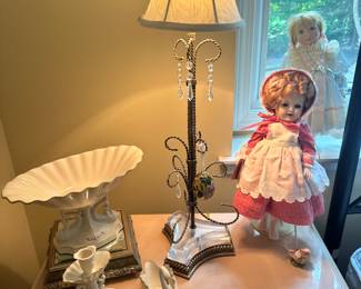 Still More Lovely Feminine Decor Featuring A Pair of Alexander John Gold Gilt Braided Metal Stem on Lucite Base Lamps (33"H), Lenox, a Petite Treasures Porcelain Doll by Nora C. 1986 With Gorgeous Curles & Vintage Porcelain Doll, Greta.