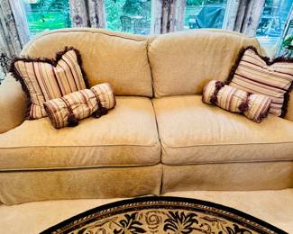 Pristine and as Comfortable as it Looks, Custom Made by Wesley Hall, Hickory, NC, Two-Cushion Sofa and Custom Throw Pillows. W86" x H36" x D42". There are two of These Sofas Available.