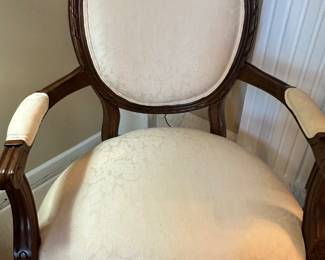 Henredon Arm Chair, Schoolbeck Collection with White Brocade and Carved Mahogany Frame. W26" x H40" x D24"