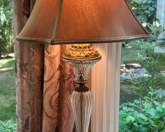 Stunning Pair of Vintage Excelsior 26" Cut Crystal & Brass Table Lamps.  Shown with Castilian Imports Crystal, Bronze Candy Box and Sarreid Gild Candy Jar. 
