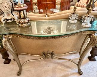 Beautifully Carved and Painted Sofa Table with Heavy Bevel Glass Top, w57” x H32.5” x D29”