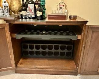 Open View of the Vintage Jasper Cabinet Expanding Top Bar Cart with Fabulous Internal Storage for all your Choice Beverages.