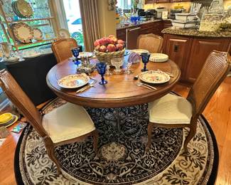 Gorgeous Ethan Allen Legacy Solid Wood & Black Wrought Iron Dining Table, Shown with Four Henredon Cane Back Chairs and a Circular "Mirage Collection" for Couristan Area Rug, 7'10" Round. (100% New Zealand Worsted Wool Cross Woven on Wilton Looms). 