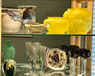 Beautiful Signed Ceramic Centerpiece Bowl, Vase and Trinket Dish, Shown with a trio of Canary Yellow Tiffin Vases (Two Matte) a Set of 6 Vintage Italian IVAT “Dancing” Champagne Flutes, and a Set of 4 Lausitzer Etched and Cut to Clear Wine Glasses in Cranberry.