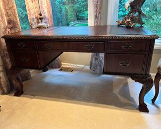 Detailed View of the "Seven Seas" by Hooker Executive Desk with Leather Top and Carved Cabriole Legs. W60" x H29.5" x H31"