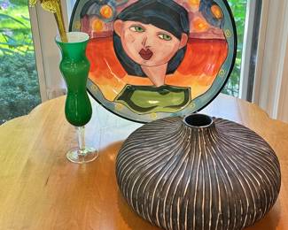 Fabulous Home Decor Available Including a Denise Ford for Bella Casa by Gantz 14.5" Decorative Platter, a Stunning Ceramic Textured Vase a Vintage 1960's Green and White Cased Glass Vase Featuring a Murano Glass Blown Flower.