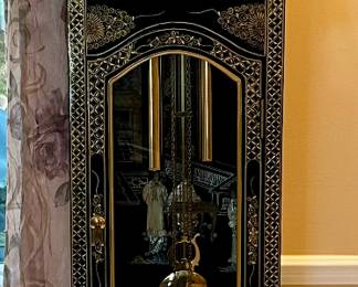 Vintage Wai Hing Clocks Co. Chinoiserie Black Lacquer Hand Painted Mother of Pearl Inlaid German Movement Tempus Fugit Grandfather Clock
