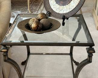 Modern Square Metal Table with Bevel Glass Top and Bevel Glass Shelf.  W29.5” x H26.5”