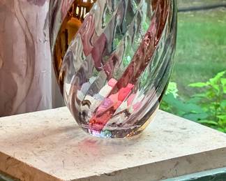 Bohemian 9” Glass Art Vase, Gold, Purple and Pink Swirl. Handmade in Czechoslovakia.