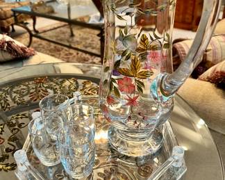 Lovely Hand Painted Pitcher on Lucite Tray Shown with a Set of Four Juice Goblets.
